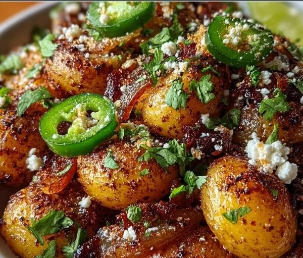 Mexican-style street potatoes topped with spices and herbs in a colorful bowl