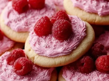 Moist lemon cookies with raspberry frosting served on a white plate