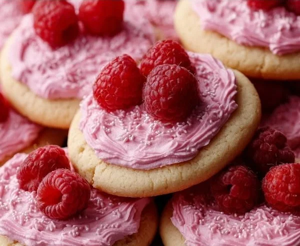 Moist lemon cookies with raspberry frosting served on a white plate