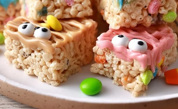 Colorful Monster Rice Krispie Treats decorated for Halloween