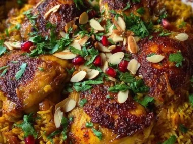 Delicious Moroccan chicken served over fluffy rice with spices and herbs