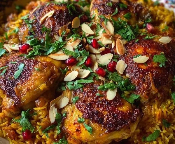 Delicious Moroccan chicken served over fluffy rice with spices and herbs