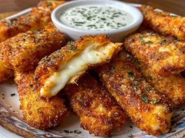 Plate of crispy mozzarella sticks served with marinara sauce
