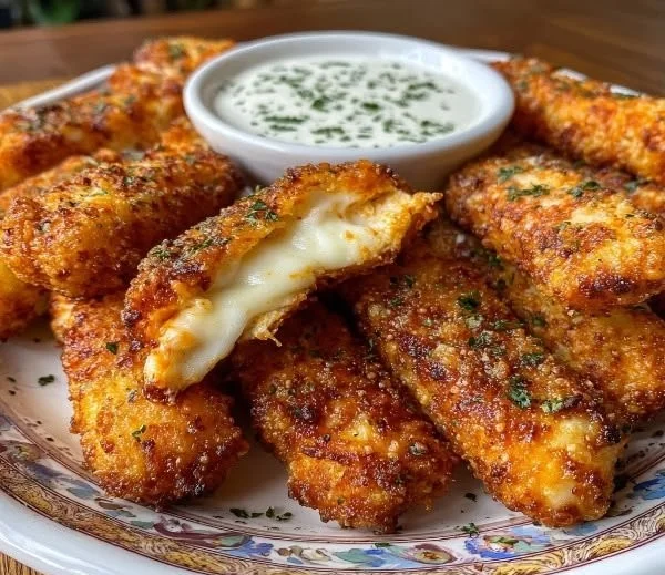 Plate of crispy mozzarella sticks served with marinara sauce