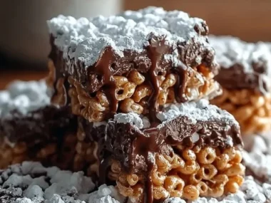Delicious Muddy Buddy Rice Krispies treat on a plate.