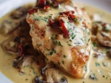 Plate of Mushroom Asiago Chicken served with herbs and vegetables
