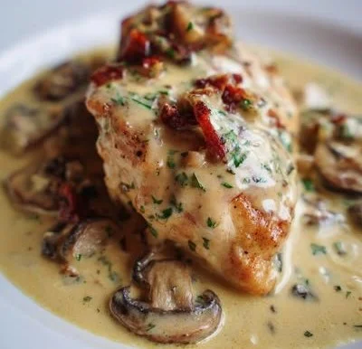 Plate of Mushroom Asiago Chicken served with herbs and vegetables
