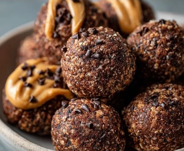 No-bake chocolate peanut butter protein balls recipe in a bowl.
