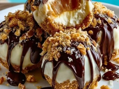 No-bake peanut butter cheesecake balls on a plate, ready to enjoy.