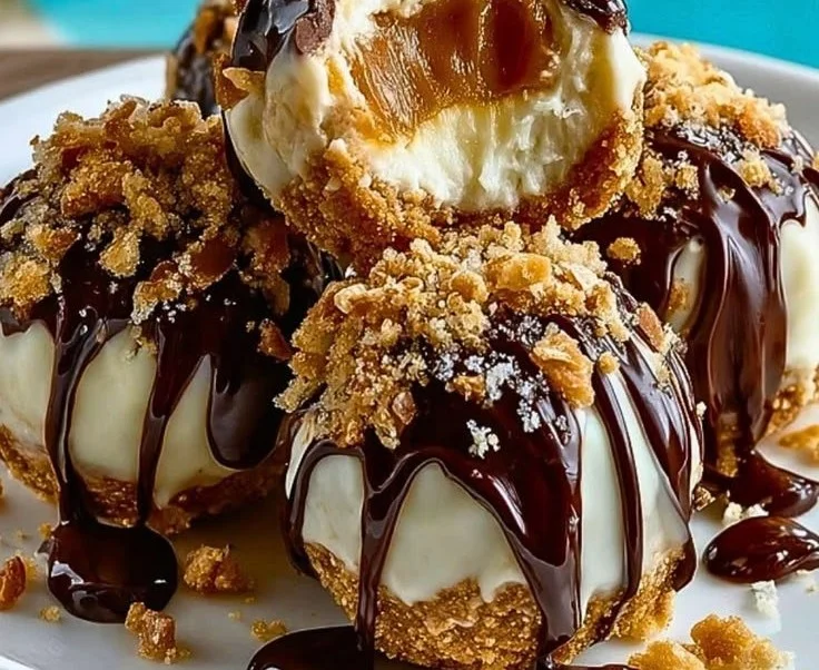 No-bake peanut butter cheesecake balls on a plate, ready to enjoy.