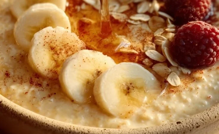 Delicious oatmeal custard breakfast served in a bowl topped with fruits