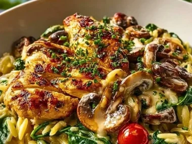 One Pan Creamy Spinach Mushroom Orzo with Chicken served in a bowl