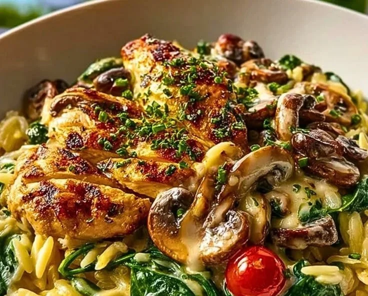 One Pan Creamy Spinach Mushroom Orzo with Chicken served in a bowl