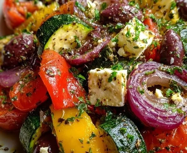 Colorful one pan Greek vegetables dish with fresh ingredients
