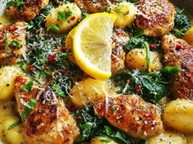 One Pan Lemon Chicken Gnocchi dish garnished with fresh herbs and lemon slices.
