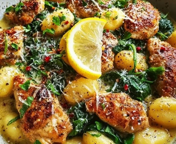 One Pan Lemon Chicken Gnocchi dish garnished with fresh herbs and lemon slices.