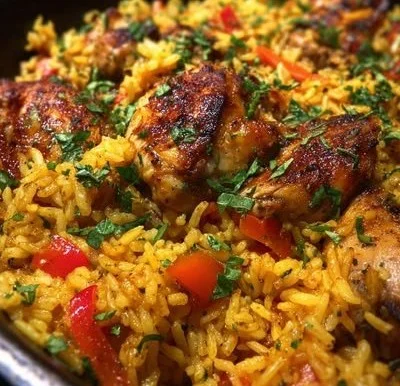 One pan Mediterranean chicken and rice dish with vibrant vegetables and herbs