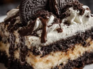 Delicious Oreo Dump Cake dessert topped with crushed Oreos and chocolate