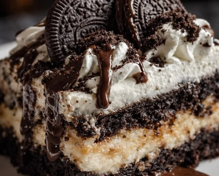 Delicious Oreo Dump Cake dessert topped with crushed Oreos and chocolate