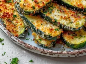 Oven-baked Parmesan zucchini slices topped with cheese and herbs