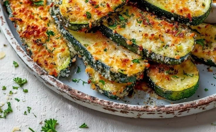 Oven-baked Parmesan zucchini slices topped with cheese and herbs