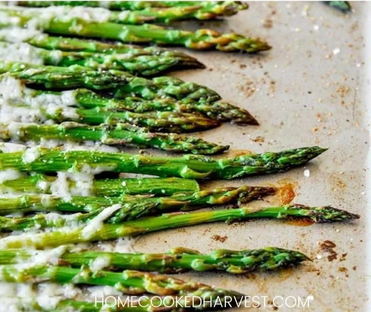 Roasted Parmesan Asparagus garnished and served on a plate