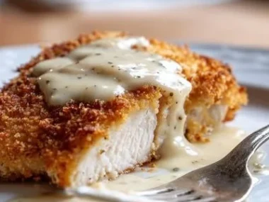 Delicious Parmesan Crusted Chicken with Creamy Garlic Sauce on a plate