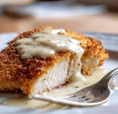 Delicious Parmesan Crusted Chicken with Creamy Garlic Sauce on a plate