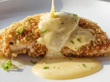 Parmesan Crusted Chicken with Creamy Garlic Sauce served on a plate.