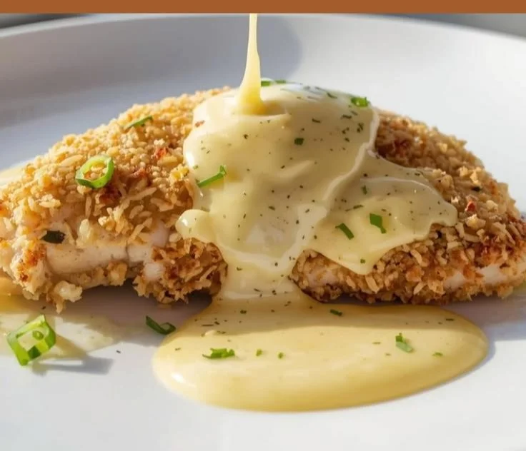 Parmesan Crusted Chicken with Creamy Garlic Sauce served on a plate.