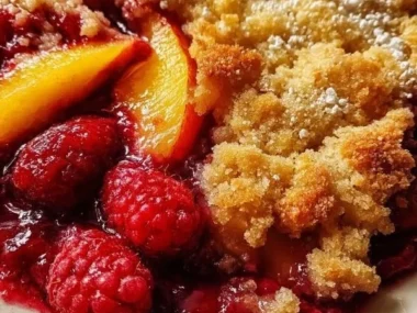 Delicious Peach Raspberry Cobbler fresh from the oven