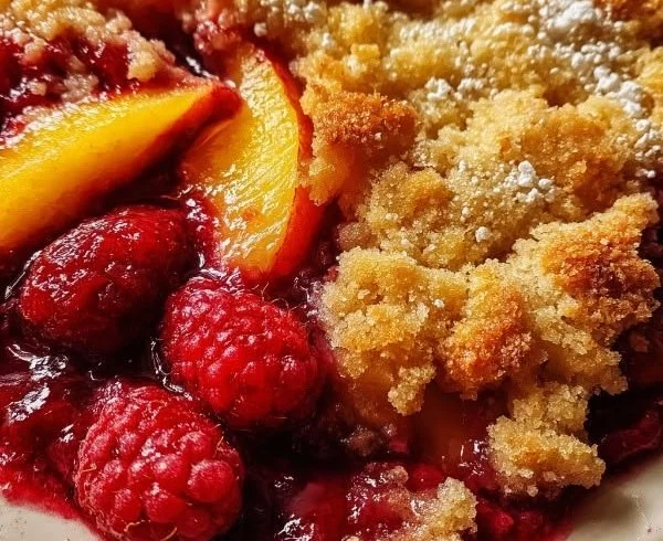 Delicious Peach Raspberry Cobbler fresh from the oven