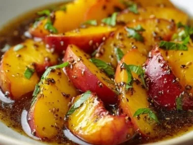 Bottle of Peach Honey Dijon Vinaigrette with fresh peaches and honey