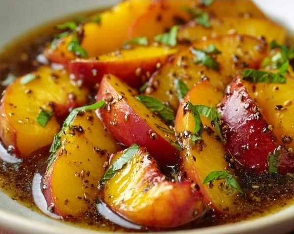 Bottle of Peach Honey Dijon Vinaigrette with fresh peaches and honey