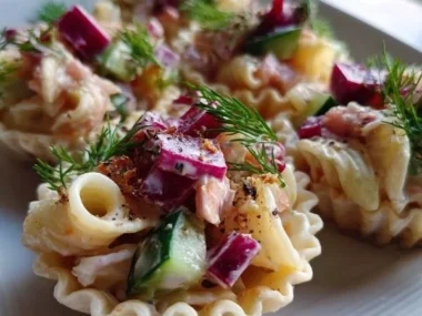 Colorful Pink Pasta Salad Cups served in vibrant dishes