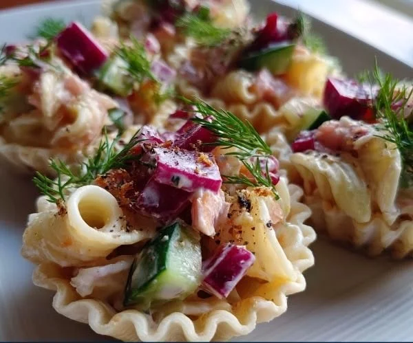 Colorful Pink Pasta Salad Cups served in vibrant dishes