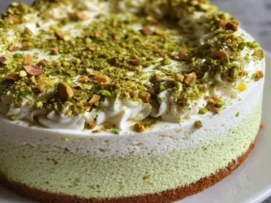 Slice of pistachio cheesecake topped with crushed pistachios
