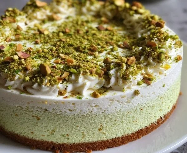 Slice of pistachio cheesecake topped with crushed pistachios