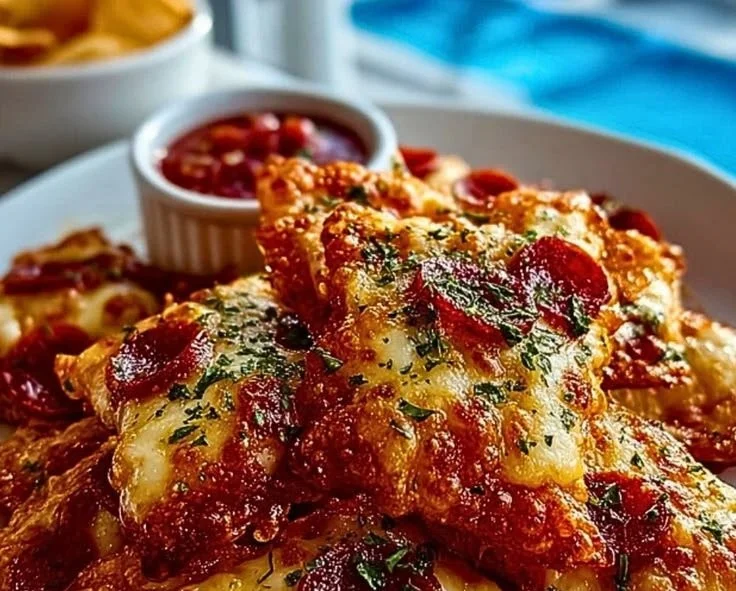 Homemade pizza chips fresh out of the oven, golden and cheesy.