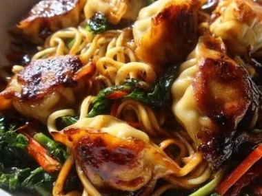 Delicious potsticker noodle bowl filled with flavors and textures