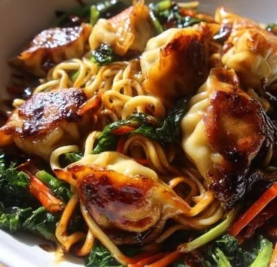 Delicious potsticker noodle bowl filled with flavors and textures