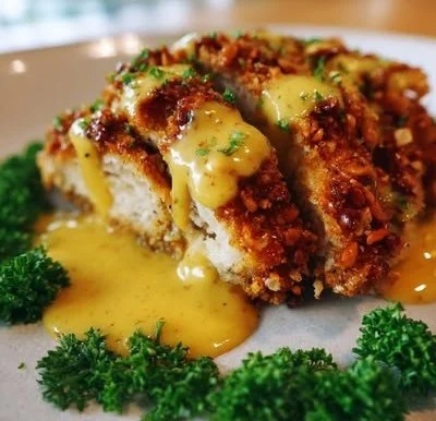 Pretzel Chicken served with a delicious Mustard-Cheddar Sauce