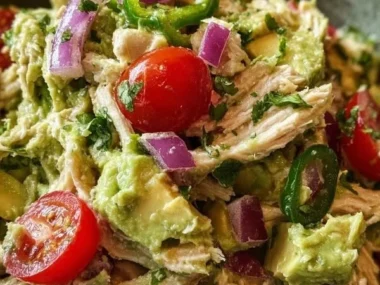 Protein-packed guacamole chicken salad in a bowl with fresh ingredients