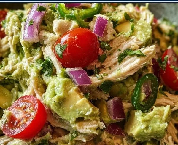 Protein-packed guacamole chicken salad in a bowl with fresh ingredients
