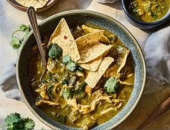 Bowl of Quick Chicken Chili Verde garnished with cilantro and lime