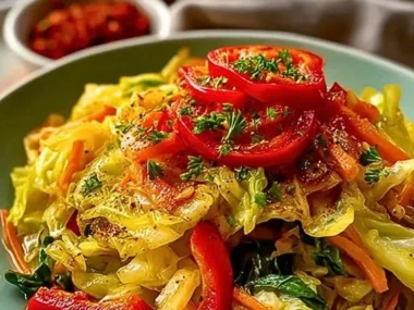 Plate of quick Jamaican cabbage sautéed with spices and vegetables