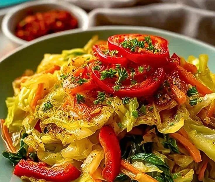 Plate of quick Jamaican cabbage sautéed with spices and vegetables
