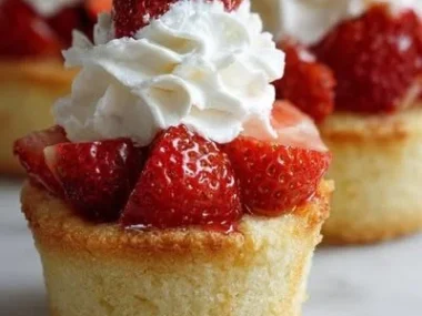 Quick strawberry shortcake cups topped with fresh strawberries and whipped cream