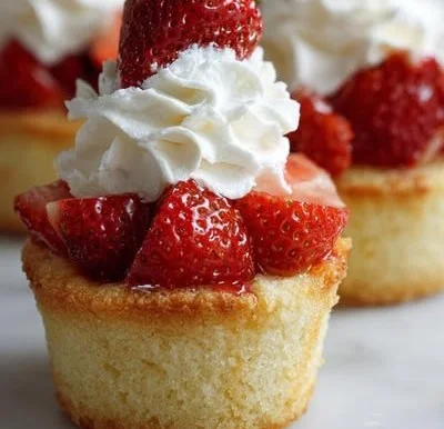 Quick strawberry shortcake cups topped with fresh strawberries and whipped cream