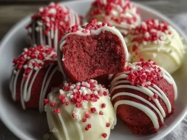 Delicious red velvet truffles shaped like hearts on a decorative plate